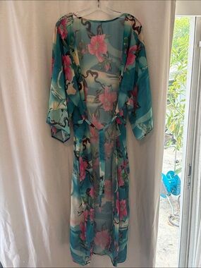 Sheer Teal Floral Kimono Cover-Up with Pink Blossoms, Moon and Stork